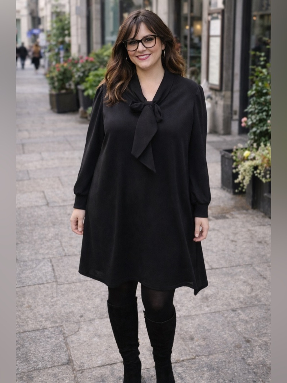 City Chic Black Ruffled Tie Front Bishop Sleeve Dress or tunic.